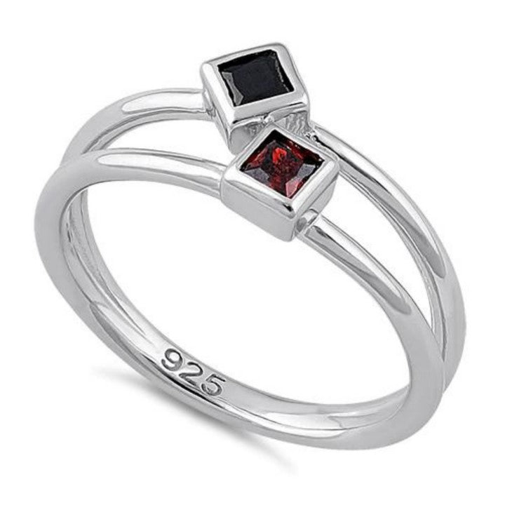 Princess Cut Black & Garnet Ring