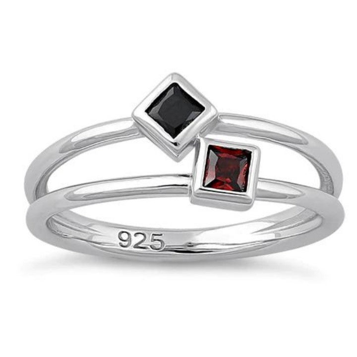 Princess Cut Black & Garnet Ring