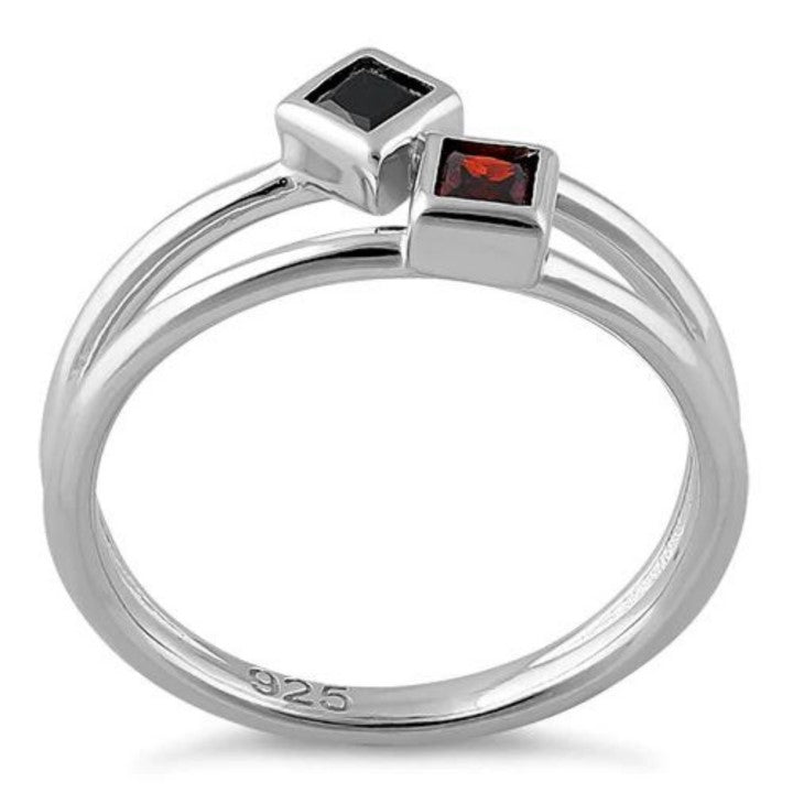 Princess Cut Black & Garnet Ring
