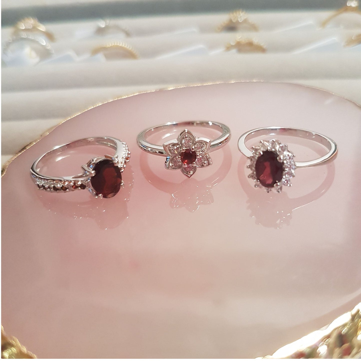 Silver Daisy Flower Garnet Ring