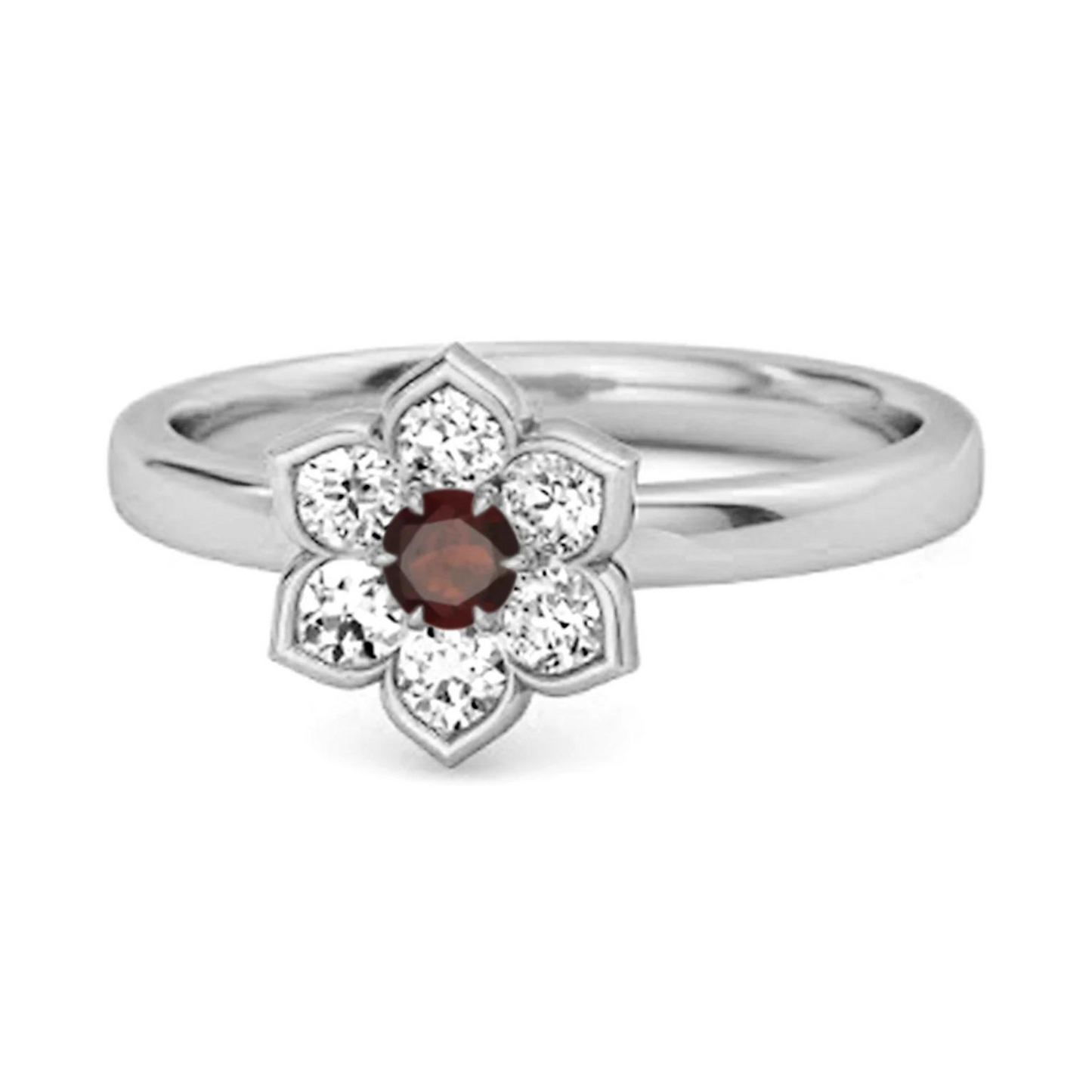 Silver Daisy Flower Garnet Ring