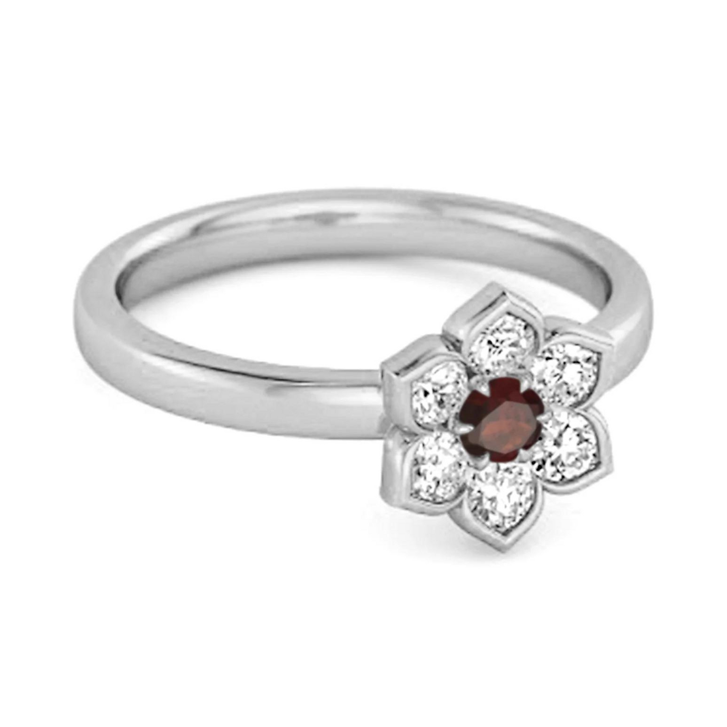Silver Daisy Flower Garnet Ring