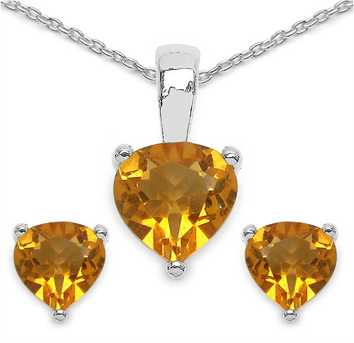 Silver Citrine Heart Necklace Set