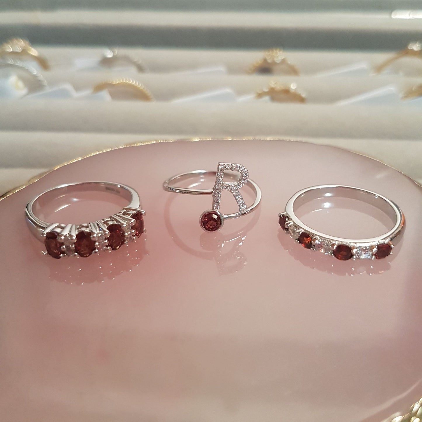 Silver Initial Garnet Ring