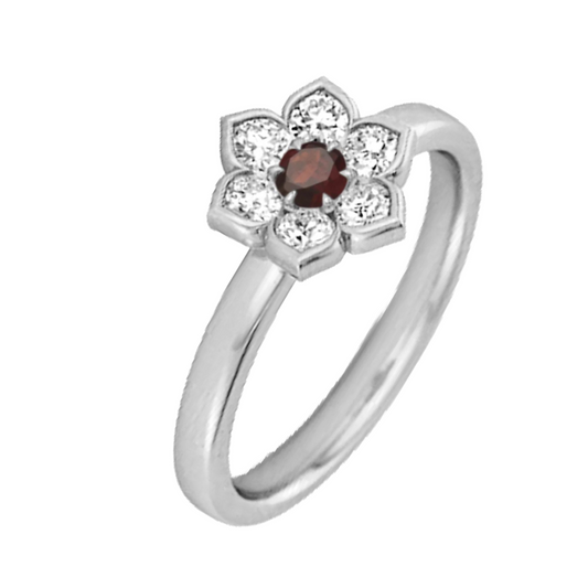 Silver Daisy Flower Garnet Ring